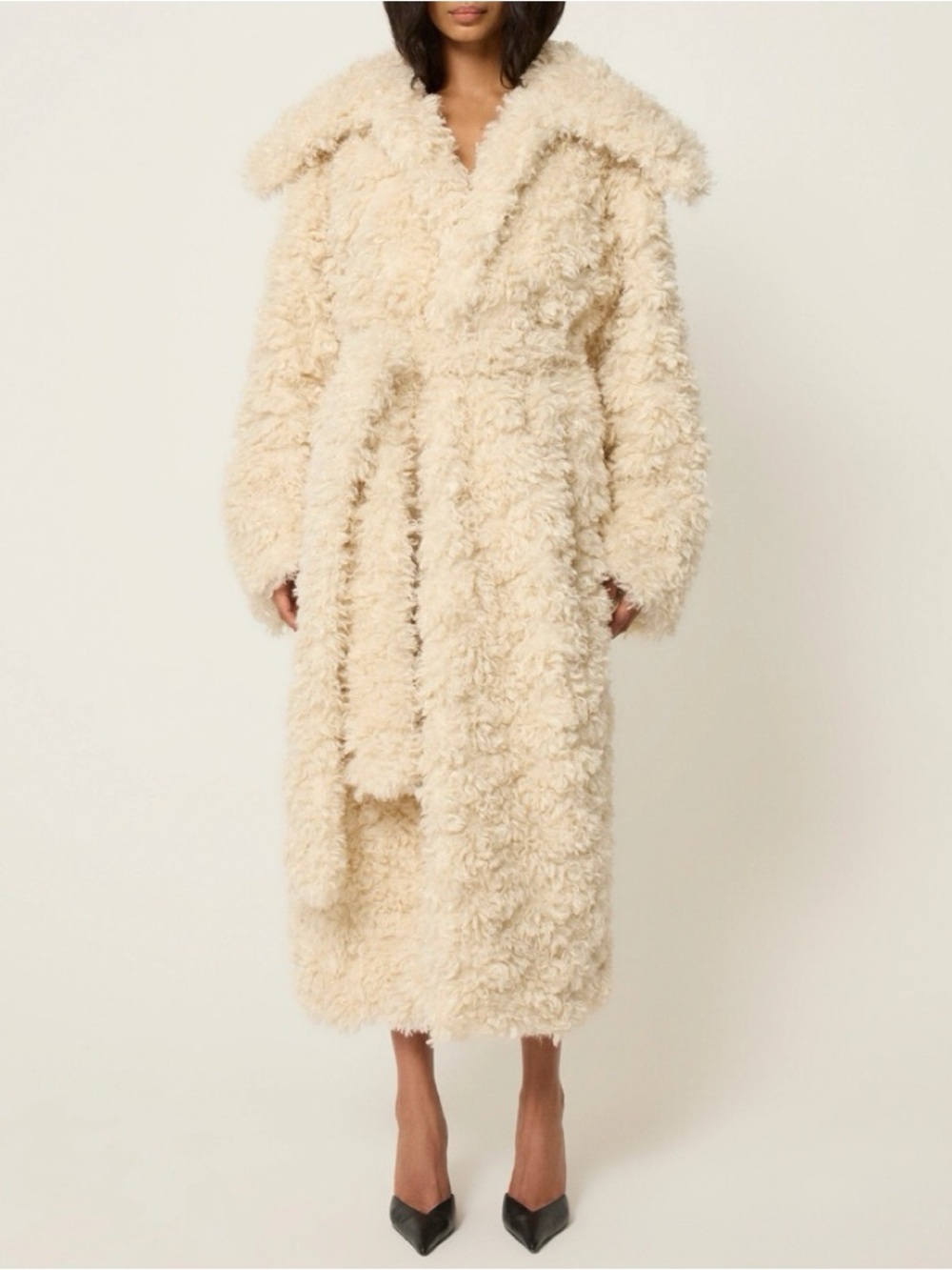 KHY Plush Faux-Shearling Long Belted Coat in Cream